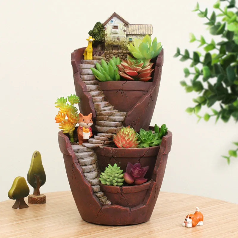 Dual Layer Sky Garden Pot for Herb Flower Cacti Sedum Succulent Bonsai Planter Box Resin Crafts Fairy Garden Ornaments Decor