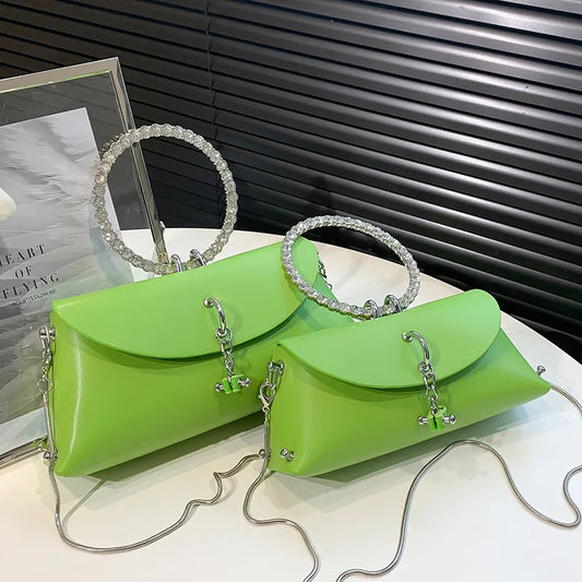 2023 New Luxury Designer Women Evening Clutch Female Bling Crystal Simple Green Beige Chic Handbags Fashion Chain Crossbady Bags