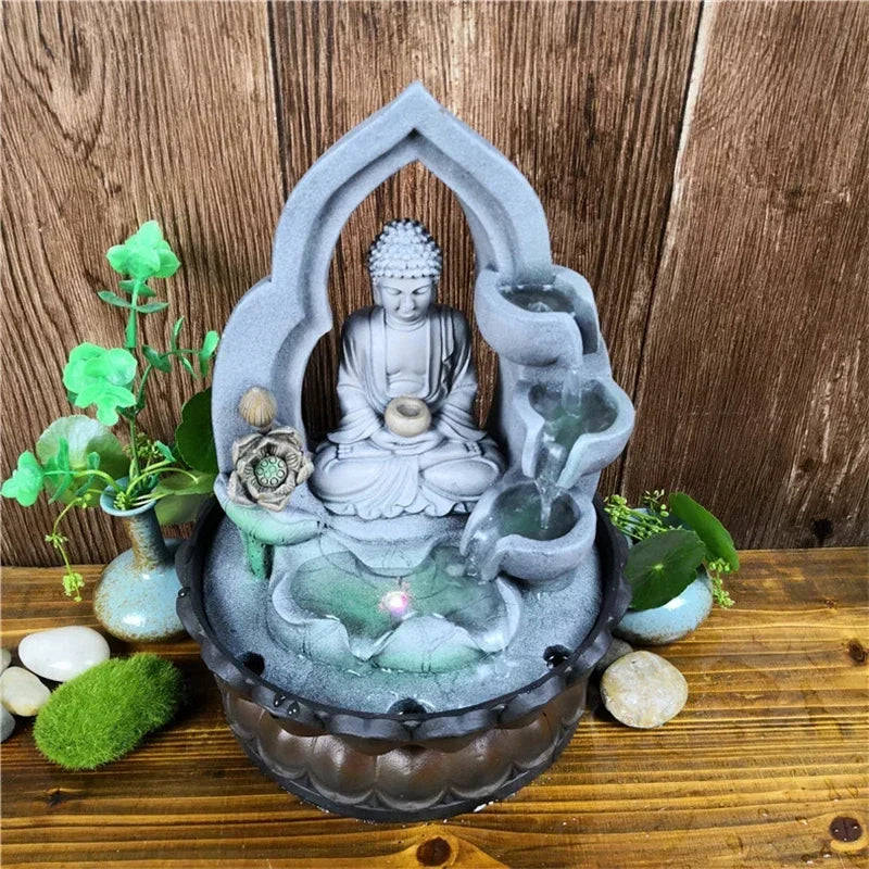 Indoor Air Humidifie Waterfall Fountain Office Tabletop Relaxation Fountain View with LED Light Lucky Feng Shui Buddha Statue