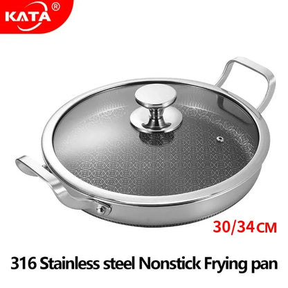 KATA Home Kitchen 316L Stainless Steel Frying Pan Braised Pot with Glass Lid Double Handle Nonstick Cooker Suitable All Stove