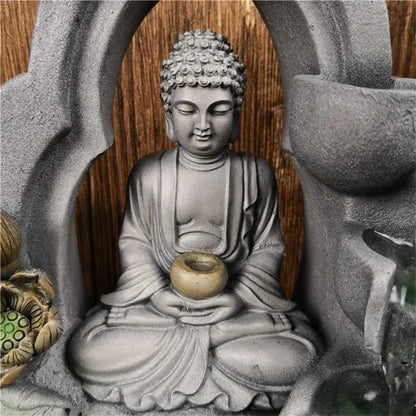 Indoor Air Humidifie Waterfall Fountain Office Tabletop Relaxation Fountain View with LED Light Lucky Feng Shui Buddha Statue